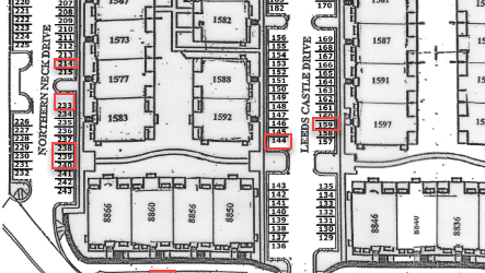 Map showing numbered residential buildings layout.